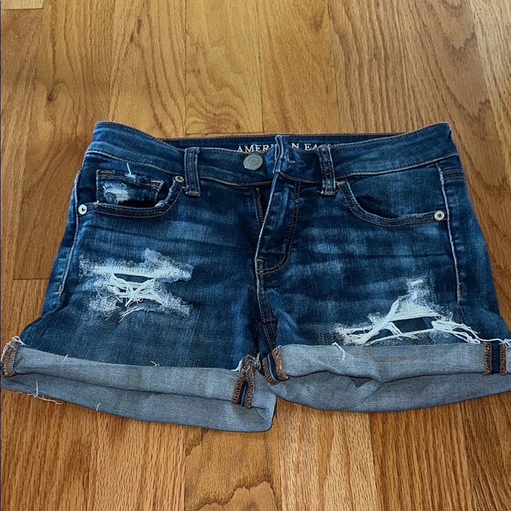 American Eagle Outfitters Super Stretch X Blue Jean Shorts Distressed Cuffed